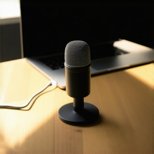 A high-quality portable conference speaker and laptop on a modern office table.