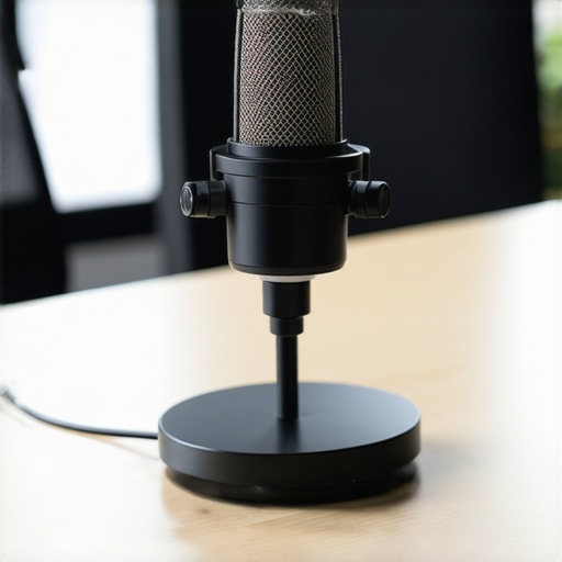 A Jabra-style boundary microphone on a wooden table in a coworking office environment.
