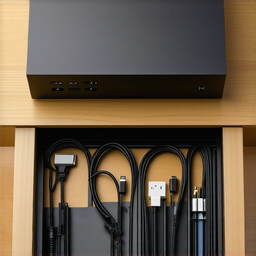 Close-up of high-quality cables and adapters on a meeting room table.