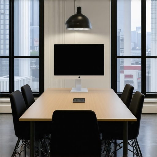 A modern and professional conference room in a high-end coworking space designed for startup pitches.