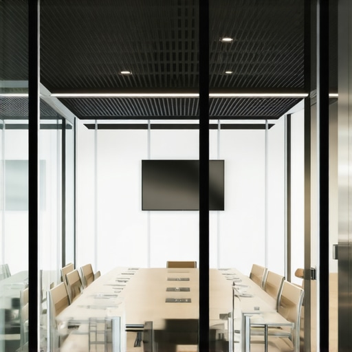 A modern glass-walled conference room showing a professional business meeting environment.
