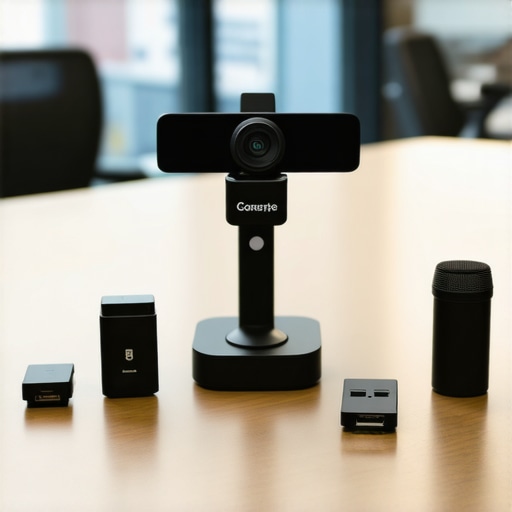 A high-end webcam, portable LED light, and Ethernet adapter organized on a boardroom table.