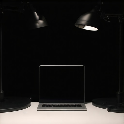 A desk with two soft lights and a laptop, demonstrating professional three-point lighting for virtual meetings.