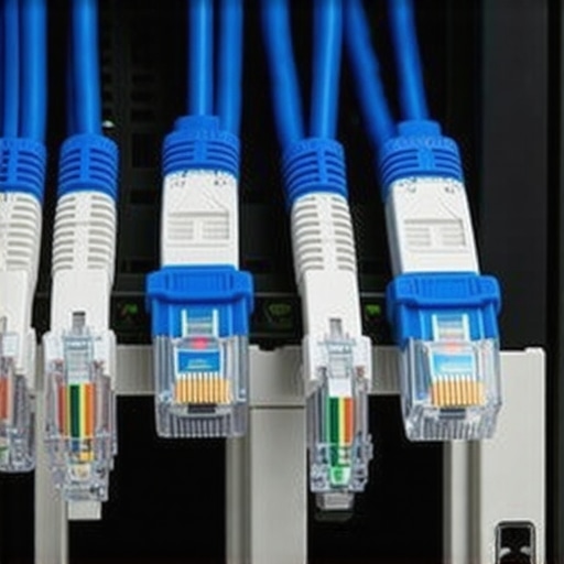 Close up of a well-organized server rack in a modern workspace.