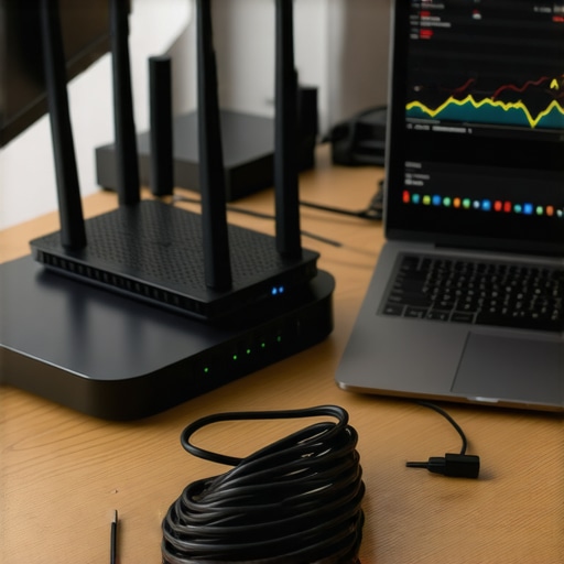 Professional networking gear and laptop showing stable connection metrics for business calls.