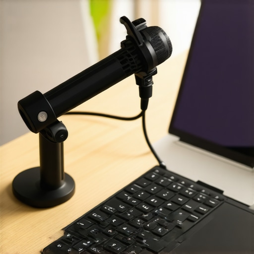 A professional desk setup featuring a stream deck, microphone, and hard-wired internet for startup pitches.