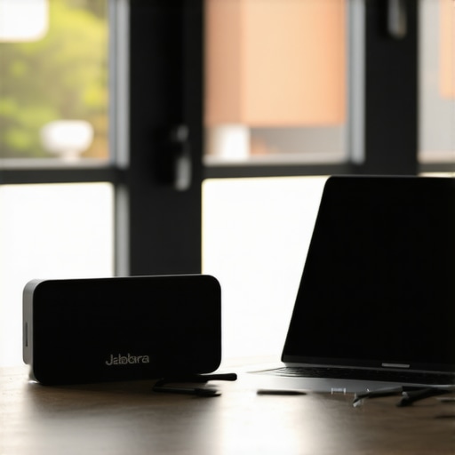 A Jabra speakerphone and laptop on a desk in a modern coworking space.