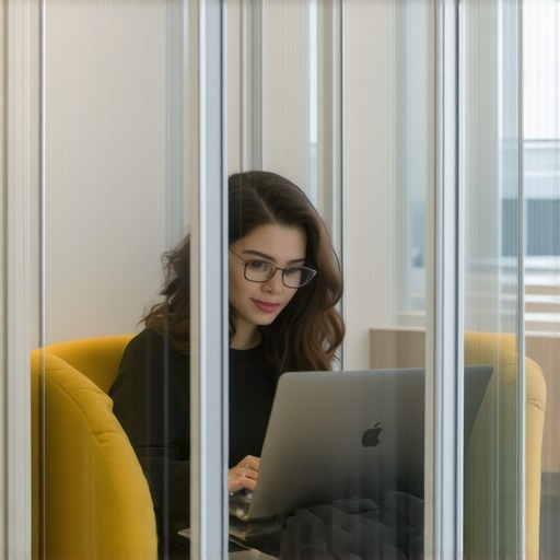 An entrepreneur using a soundproof phone booth for a professional sales call in a coworking office.