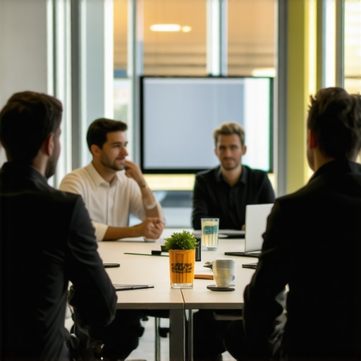 Entrepreneurs conducting a high-stakes meeting in a modern coworking conference room.
