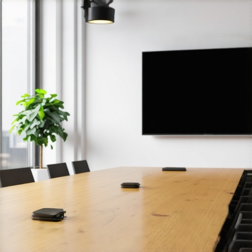 A high-end conference room with a large screen and professional lighting for startup meetings.