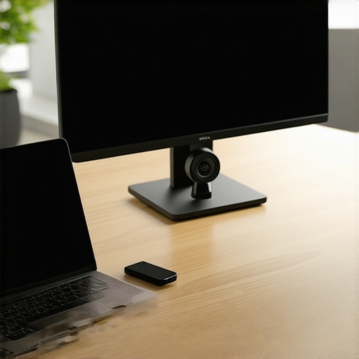 Professional Startup Conference Room Setup A high-end conference room table with an omnidirectional microphone and professional video conferencing gear.