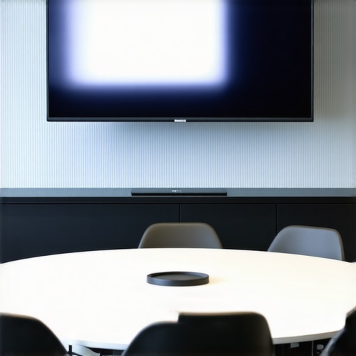 A modern conference room with high-end tech and a circular table for startup meetings.