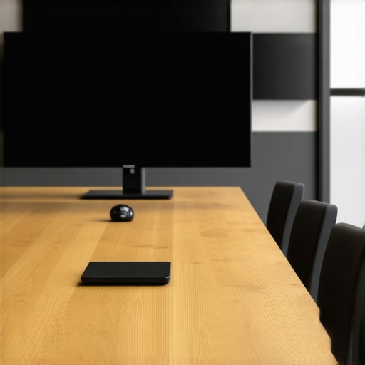 A modern, tech-equipped startup conference room with organized cables and video conferencing gear.