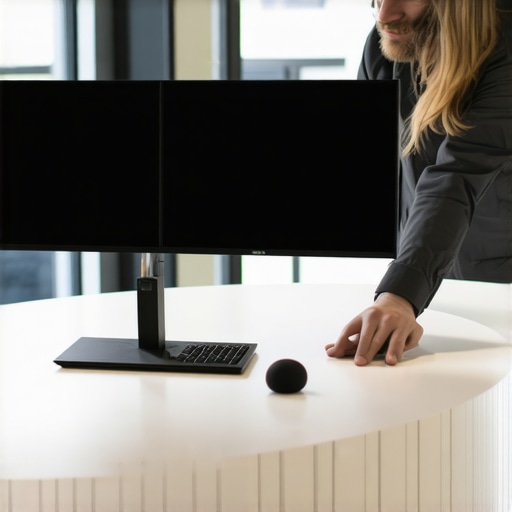Professional Startup Gear in a Modern Coworking Space A founder setting up professional audio and video gear for a high-stakes meeting in a coworking conference room.