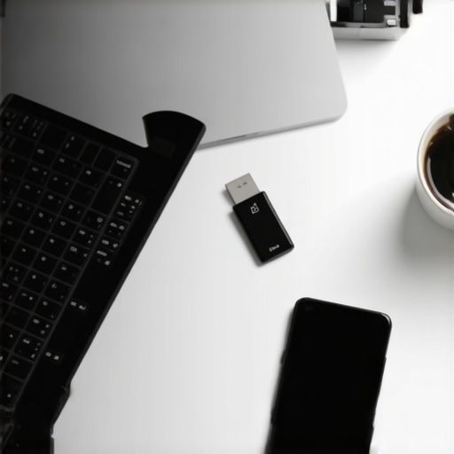 A curated tech setup for a founder including security hardware and a laptop in a modern coworking office.