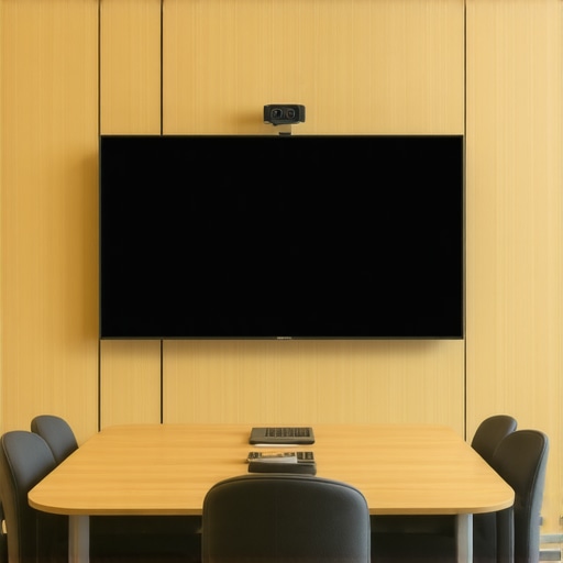 A modern startup conference room equipped with a panoramic camera and acoustic panels for hybrid meetings.