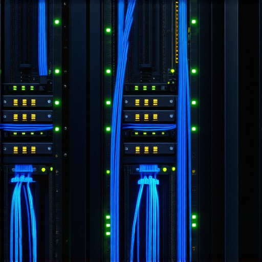 A well-organized server rack with blue cables and green lights representing reliable office connectivity.