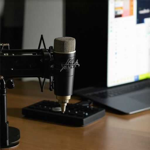 High-end microphone and stream deck on a startup desk for board meetings