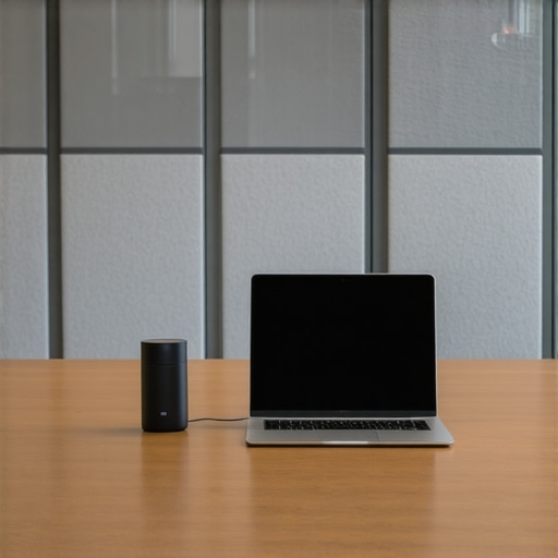 Minimalist conference room setup with portable audio gear and soundproofing panels for startup meetings.