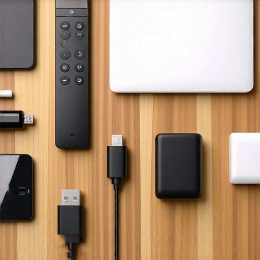 A curated collection of presentation tools and chargers for startup founders in a meeting room setting