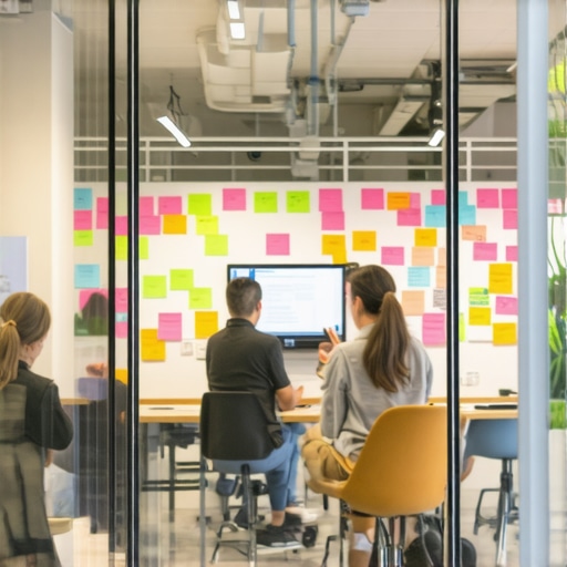 A team using a glass-walled conference room in a high-energy coworking environment.