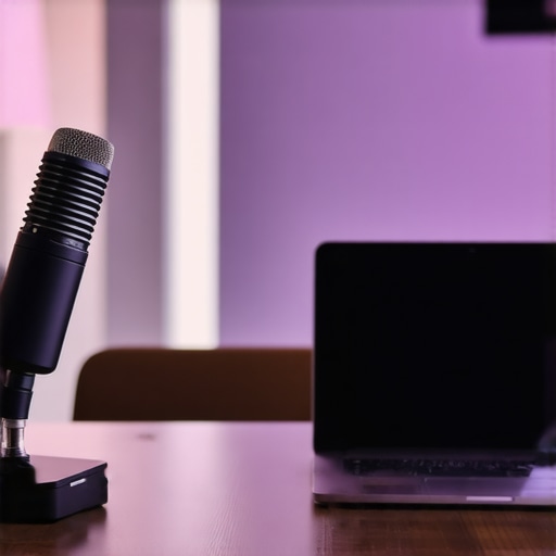 A founder's portable tech kit with microphone and lighting on a coworking desk.