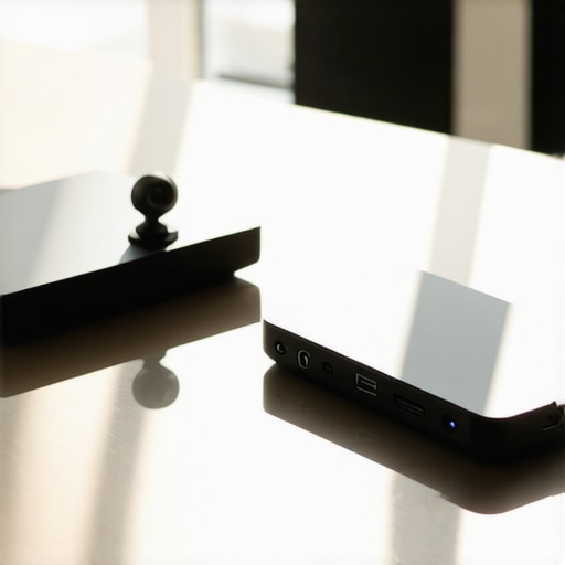 A travel router and webcam on a conference table representing startup tech readiness.