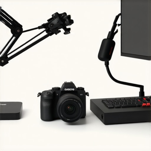 A high-end desk setup for video conferencing with a mirrorless camera and professional microphone.