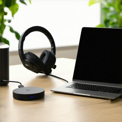 A curated kit of professional tech tools on a wooden desk in a modern coworking space.
