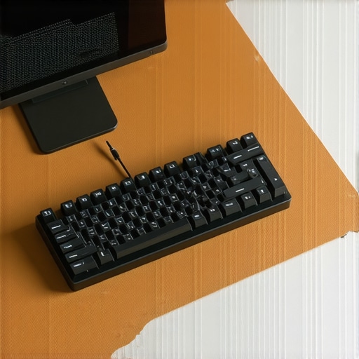 Close up of a travel router and mechanical keyboard on a leather desk mat for workspace personalization.