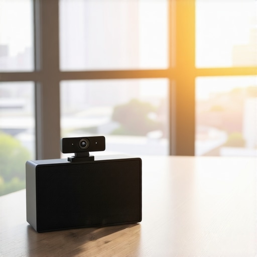 Close-up of portable conference speaker and webcam on an office table