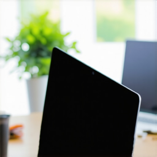 A laptop with a privacy screen protector in a shared office space.