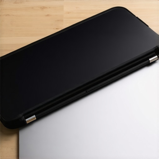 Sliding a portable dual-screen monitor into a protective sleeve on a desk