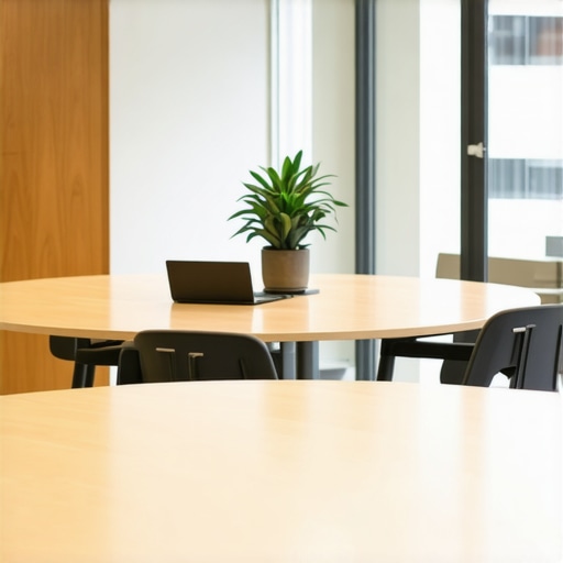 A circular wooden meeting table in a sunlit coworking space conference room
