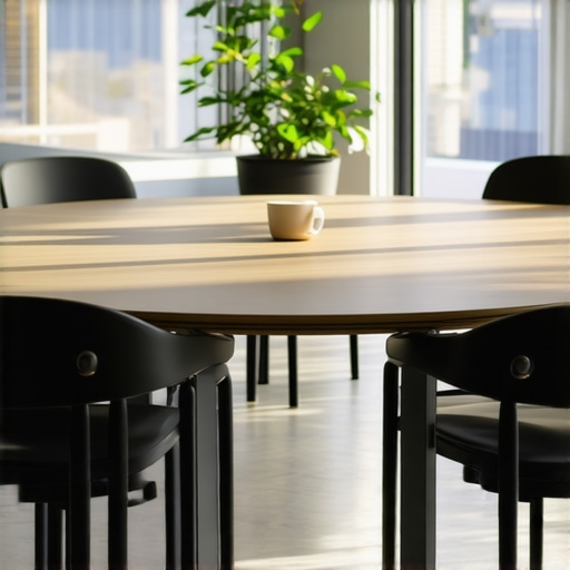 A modern circular meeting table in a bright coworking office designed for collaboration.