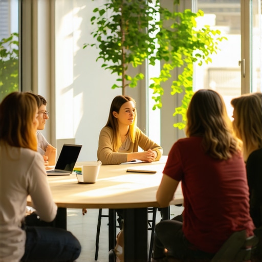 A circular meeting table in a modern coworking space promoting collaboration