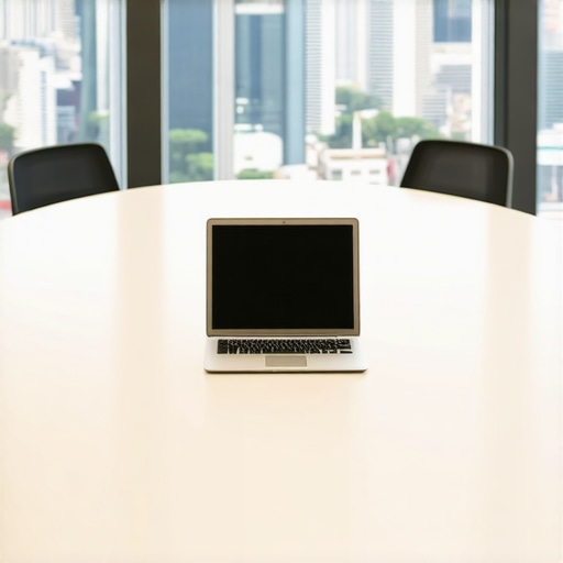A professional circular conference table in a modern startup office hub