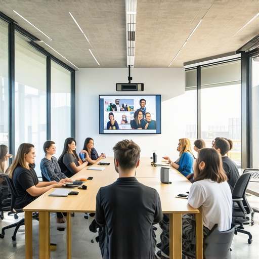A team using professional hybrid meeting gear in a coworking space.