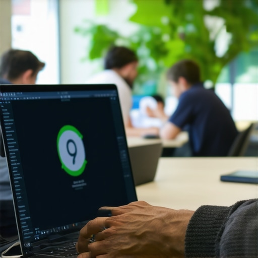 Developer using laptop privacy screen in a busy coworking space