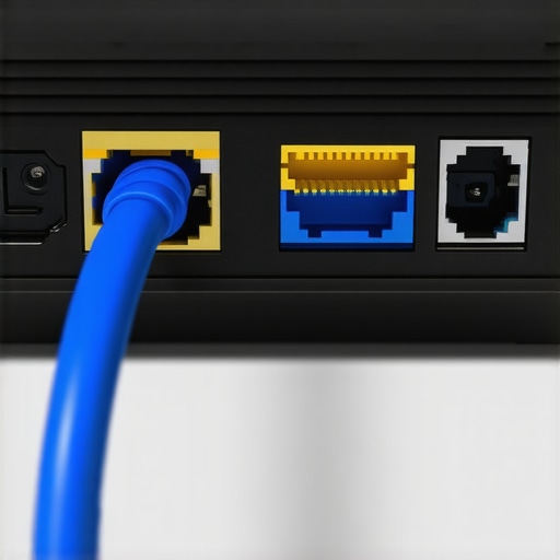 A blue Ethernet cable plugged into a router to ensure stable internet for remote work.