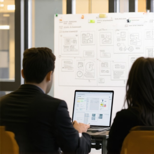Two professionals collaborating in a modern conference room with a whiteboard
