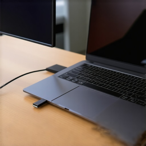 A compact portable dual monitor setup connected to a laptop with one USB-C cable on a desk