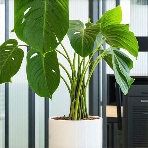 Smart Plant Monitoring in a Startup Hub A Monstera plant with a digital sensor in a professional conference room setting.
