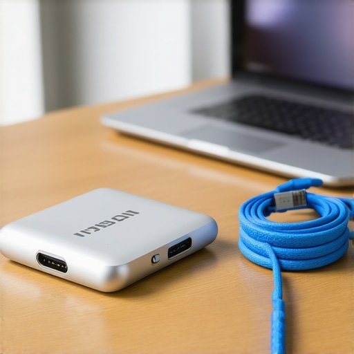 A travel tech kit containing an Ethernet cable, HDMI adapters, and a portable sound machine on a meeting room table