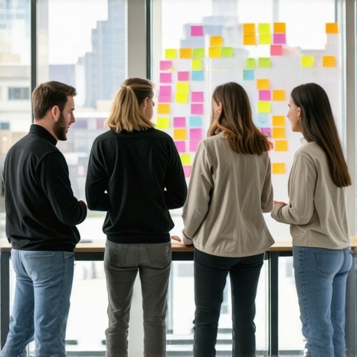 A startup team using a whiteboard for a brainstorming session inside their private coworking office suite.