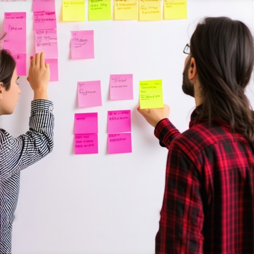 A diverse startup team working on a physical brainstorming wall with sticky notes in a creative meeting room.