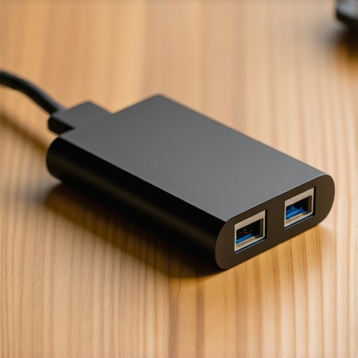 Flat Ethernet cable and USB-C adapter on a wooden desk