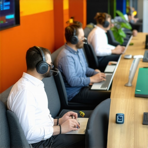 A startup team working efficiently in a modern shared office with advanced tech tools.