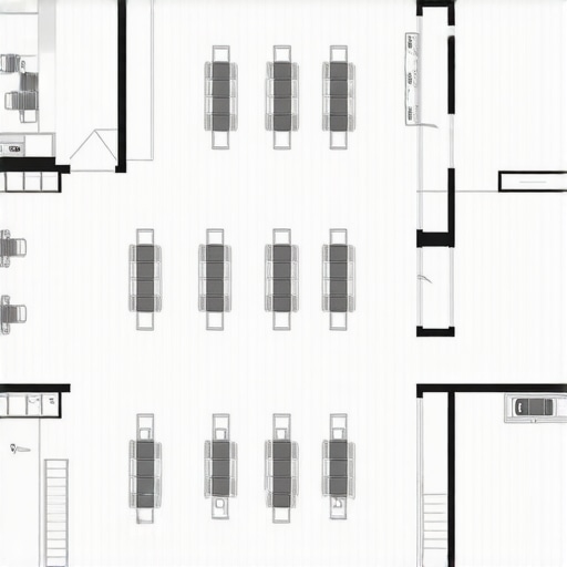 An overhead schematic of a coworking office showing optimal desk placement and traffic flow.