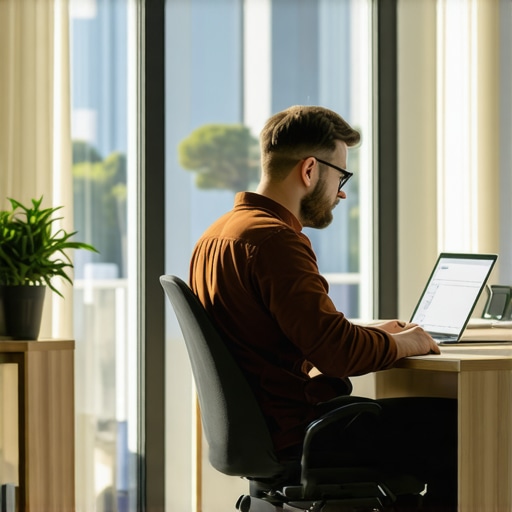 Professional working at a quiet desk near a window in a modern office